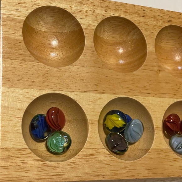 Folding Wooden Mancala Game with Colorful Stones In Metal Box - Picture 7 of 8